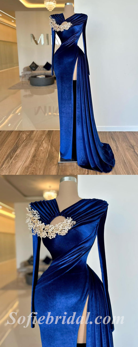 Royal Blue Sheath Lace Bodice Chiffon Prom Dress With Short Sleeve